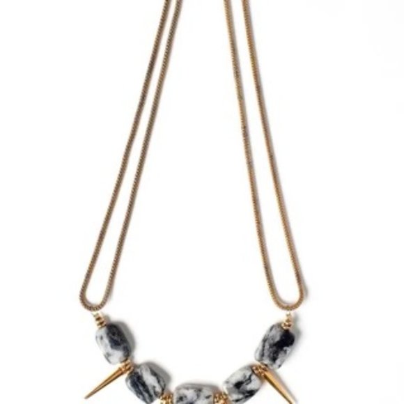 2/$40💎🆕 Grey Feldspar/Gold Spike Necklace w/ Brass Disc Beads & Snake Chain - Picture 1 of 6